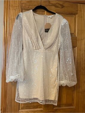 Sequin Mesh V-Neck Mini Dress in Iridescent White